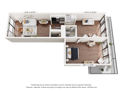 a stylized floor plan with a bedroom and a living room